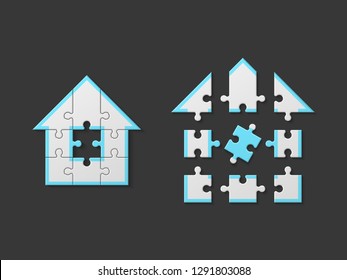 Puzzle house presentation banner. Home puzzles kit banner. Infographic template with explanatory text field for business statistics. Puzzle building illustration. Nine pieces home