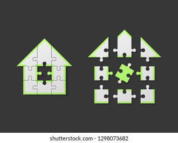 Puzzle house presentation banner. Home puzzles kit banner. Infographic template with explanatory text field for business statistics. Puzzle building illustration. Nine pieces home