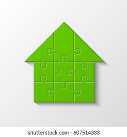 Puzzle house presentation. Home kit banner. Infographic template with explanatory text field for business statistics. Vector illustration