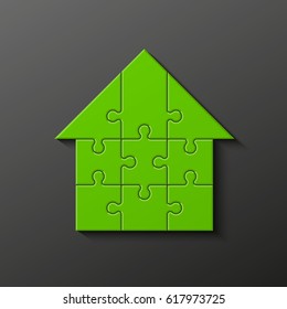 Puzzle house presentation. Home kit banner. Infographic template with explanatory text field for business statistics. Vector illustration