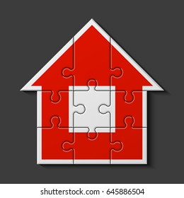Puzzle house presentation. Home kit banner. Infographic template with explanatory text field for business statistics. Vector illustration
