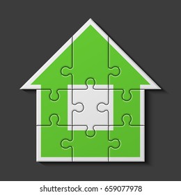 Puzzle house presentation. Home kit banner. Infographic template with explanatory text field for business statistics. Vector illustration