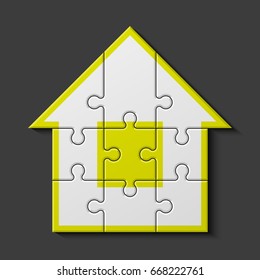 Puzzle house presentation. Home kit banner. Infographic template with explanatory text field for business statistics. Vector illustration