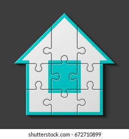 Puzzle house presentation. Home kit banner. Infographic template with explanatory text field for business statistics. Vector illustration