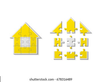 Puzzle house presentation. Home kit banner. Infographic template with explanatory text field for business statistics. Vector illustration