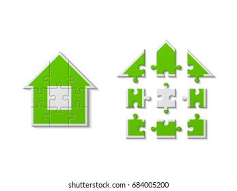 Puzzle house presentation. Home kit banner. Infographic template with explanatory text field for business statistics. Vector illustration
