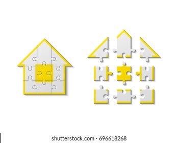 Puzzle house presentation. Home kit banner. Infographic template with explanatory text field for business statistics. Vector illustration
