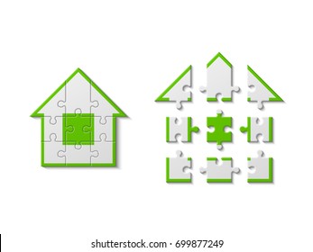 Puzzle house presentation. Home kit banner. Infographic template with explanatory text field for business statistics. Vector illustration