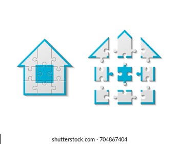Puzzle house presentation. Home kit banner. Infographic template with explanatory text field for business statistics. Vector illustration