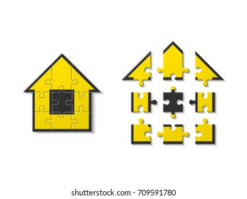 Puzzle house presentation. Home kit banner. Infographic template with explanatory text field for business statistics. Vector illustration