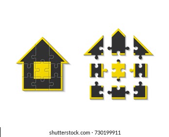 Puzzle house presentation. Home kit banner. Infographic template with explanatory text field for business statistics. Vector illustration