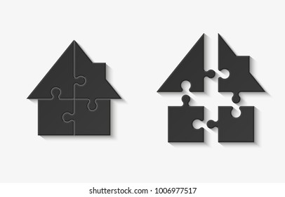 Puzzle house presentation. Home puzzles kit banner. Infographic template with explanatory text field for business statistics. Vector puzzle building illustration. Four pieces home