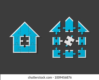 Puzzle house presentation. Home puzzles kit banner. Infographic template with explanatory text field for business statistics. Vector puzzle building illustration. Four pieces home
