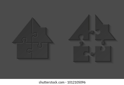 Puzzle house presentation. Home puzzles kit banner. Infographic template with explanatory text field for business statistics. Vector puzzle building illustration. Four pieces home