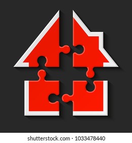 Puzzle house presentation. Home puzzles kit banner. Infographic template with explanatory text field for business statistics. Vector puzzle building illustration. Four pieces home