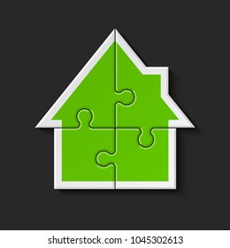 Puzzle house presentation. Home puzzles kit banner. Infographic template with explanatory text field for business statistics. Vector puzzle building illustration. Four pieces home