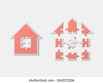 Puzzle house presentation. Home puzzles kit banner. Infographic template with explanatory text field for business statistics. Vector puzzle building illustration. Nine pieces home