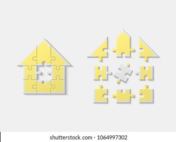 Puzzle house presentation. Home puzzles kit banner. Infographic template with explanatory text field for business statistics. Vector puzzle building illustration. Nine pieces home