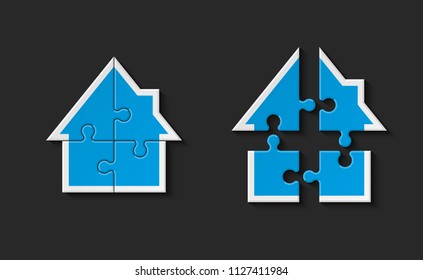 Puzzle house presentation. Home puzzles kit banner. Infographic template with explanatory text field for business statistics. Vector puzzle building illustration. Four pieces puzzle infograph home