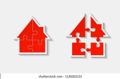 Puzzle house presentation. Home puzzles kit banner. Infographic template with explanatory text field for business statistics. Vector puzzle building illustration. Four pieces puzzle infograph home