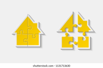 Puzzle house presentation. Home puzzles kit banner. Infographic template with explanatory text field for business statistics. Vector puzzle building illustration. Four pieces puzzle infograph home