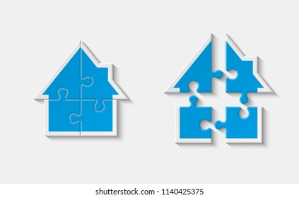 Puzzle house presentation. Home puzzles kit banner. Infographic template with explanatory text field for business statistics. Vector puzzle building illustration. Four pieces puzzle infograph home