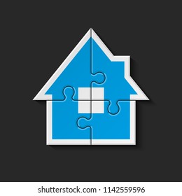 Puzzle house presentation. Home puzzles kit banner. Infographic template with explanatory text field for business statistics. Vector puzzle building illustration. Four pieces puzzle infograph home