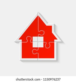 Puzzle house presentation. Home puzzles kit banner. Infographic template with explanatory text field for business statistics. Vector puzzle building illustration. Four pieces puzzle infograph home