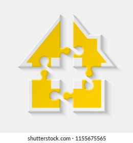 Puzzle house presentation. Home puzzles kit banner. Infographic template with explanatory text field for business statistics. Vector puzzle building illustration. Four pieces puzzle infograph home