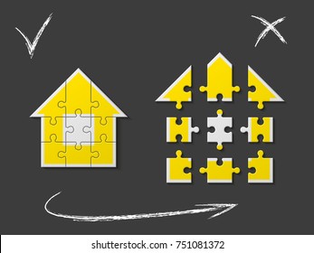 Puzzle house presentation. Home puzzles kit banner. Infographic template with explanatory text field for business statistics. Vector puzzle building illustration. Nine pieces home game set