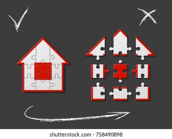 Puzzle House Presentation. Home Puzzles Kit Banner. Infographic Template With Explanatory Text Field For Business Statistics. Vector Puzzle Building Illustration. Nine Pieces Home Game Set