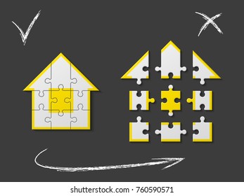 Puzzle house presentation. Home puzzles kit banner. Infographic template with explanatory text field for business statistics. Vector puzzle building illustration. Nine pieces home game set