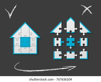 Puzzle house presentation. Home puzzles kit banner. Infographic template with explanatory text field for business statistics. Vector puzzle building illustration. Nine pieces home game set