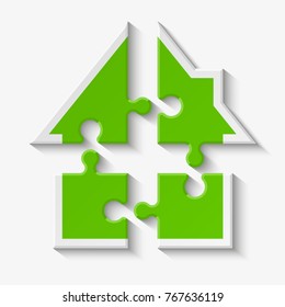 Puzzle house presentation. Home puzzles kit banner. Infographic template with explanatory text field for business statistics. Vector puzzle building illustration. Four pieces home