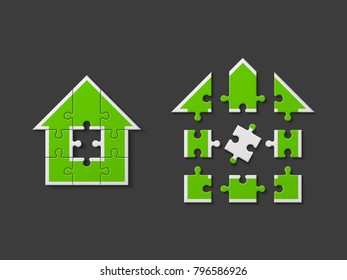 Puzzle house presentation. Home puzzles kit banner. Infographic template with explanatory text field for business statistics. Vector puzzle building illustration. Four pieces home