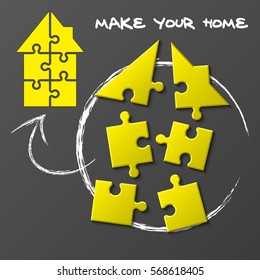 Puzzle house presentation. Kit "Make your home". Infographic template with explanatory text field for business statistics. vector illustration