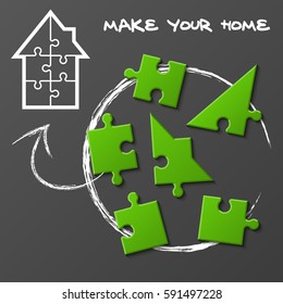 Puzzle house presentation. Kit "Make your home". Infographic template with explanatory text field for business statistics. vector illustration