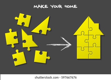 Puzzle house presentation. Kit "Make your home". Infographic template with explanatory text field for business statistics. vector illustration