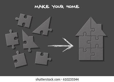 Puzzle house presentation. Kit "Make your home". Infographic template with explanatory text field for business statistics. vector illustration