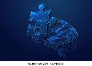 Puzzle and human brain. Neurohacking concept.  Polygonal abstract illustration. Low poly vector illustration of starry sky or Cosmos. Vector image in RGB Color mode. Biohacking theme.