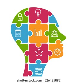 puzzle human face infographic. Cycle brainstorming business diagram. Creativity, generating idea, minds flow, thinking, imagination and inspiration concept.