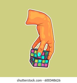 Puzzle, human hand, cube, colorful, Sticker. Hands fingers symbol isolated,  hands working. Touch vector human hand drawn elements. People body parts