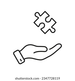 Puzzle and Human Hand Line Icon. Jigsaw Piece, Success Teamwork Linear Pictogram. Solution, Idea, Strategy, Problem Solving Outline Sign. Editable Stroke. Isolated Vector Illustration.