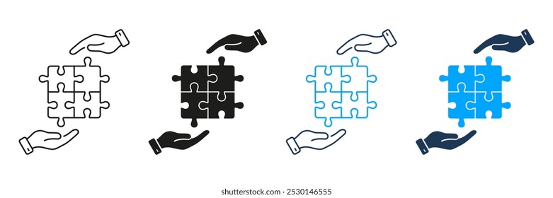 Puzzle y Manos Humanas Icono. Resolución de problemas, estrategia, concepto de solución. Las piezas de rompecabezas coinciden con la línea y el conjunto de iconos de silueta. Trazo Editable. Ilustración vectorial aislada.