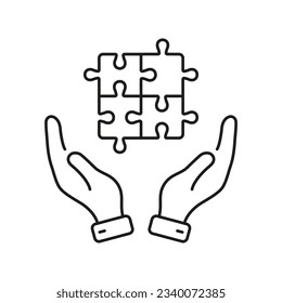 Puzzle and Human Hands Line Icon. Success Teamwork. Jigsaw Piece Linear Pictogram. Strategy, Solution, Idea, Problem Solving Outline Sign. Editable Stroke. Isolated Vector Illustration.