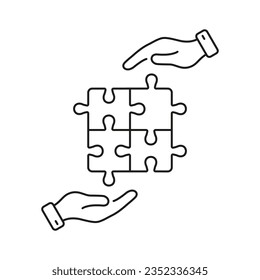 Puzzle and Human Hands Line Icon. Problem Solving, Strategy, Solution Outline Sign. Successful Teamwork. Jigsaw Pieces Match Together Linear Pictogram. Editable Stroke. Isolated Vector Illustration.