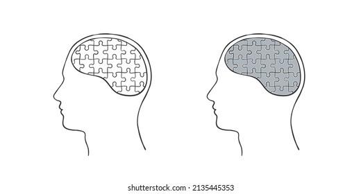 Puzzle. A human head with a brain in the form of a puzzle. Vector illustration