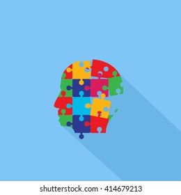 Puzzle Human Head Profile - Isolated On Blue Background - Vector Illustration, Graphic Design. Abstract Concept