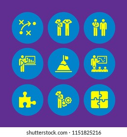puzzle icon. 9 puzzle set with jigsaw, strategy, puzzle piece silhouette and problem vector icons for web and mobile app