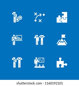 puzzle icon. 9 puzzle set with problem, puzzle piece silhouette, strategy and mission vector icons for web and mobile app